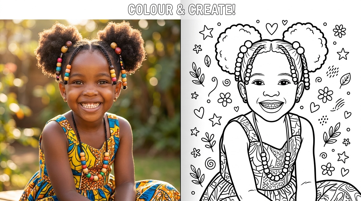 Transformação de foto de menina em desenho para colorir