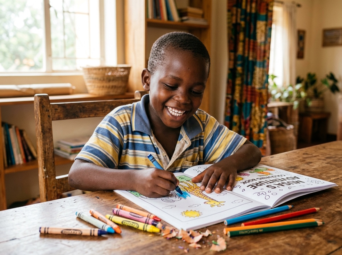 Menino africano sorrindo e pintando seu livro personalizado