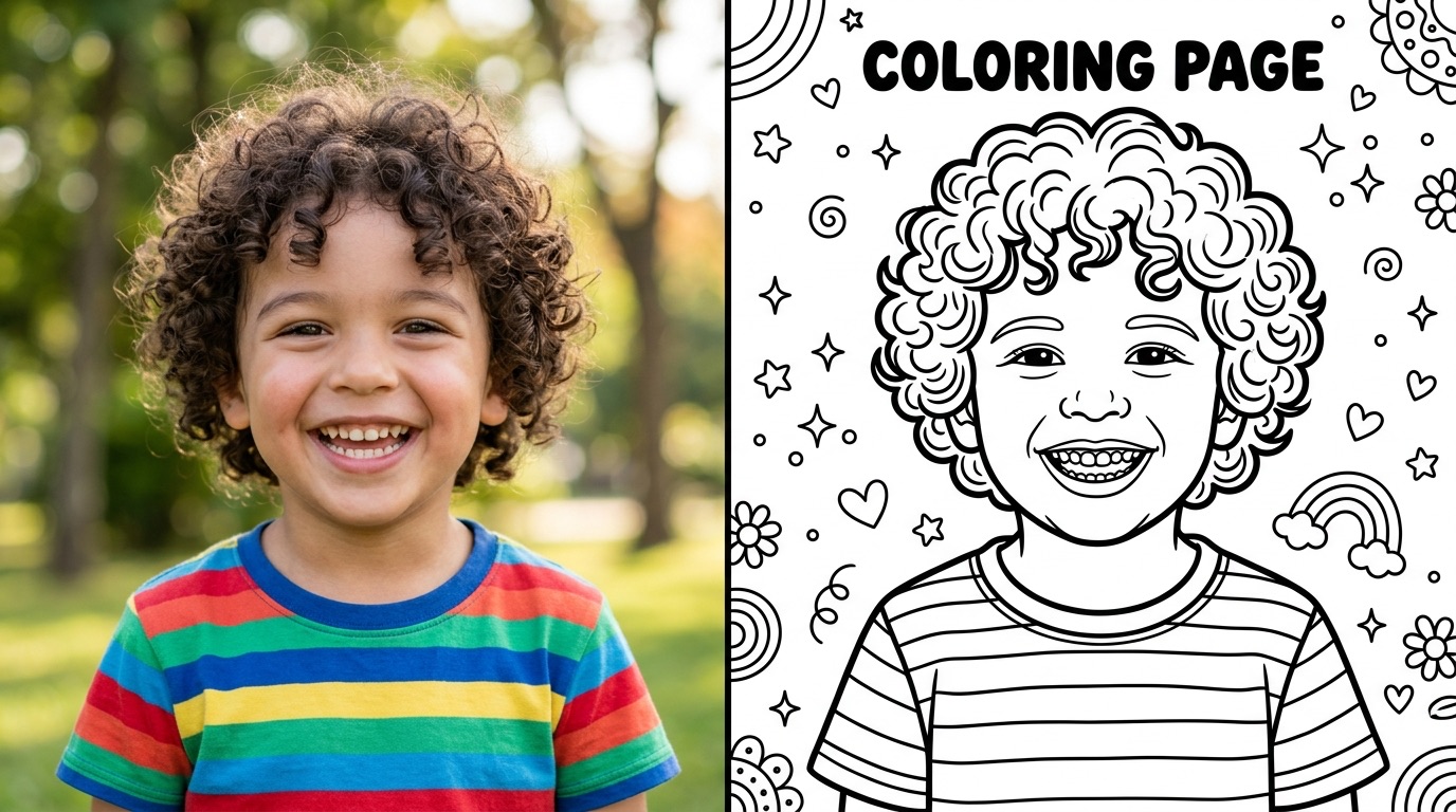 Transformação de foto de menino em página de livro de colorir