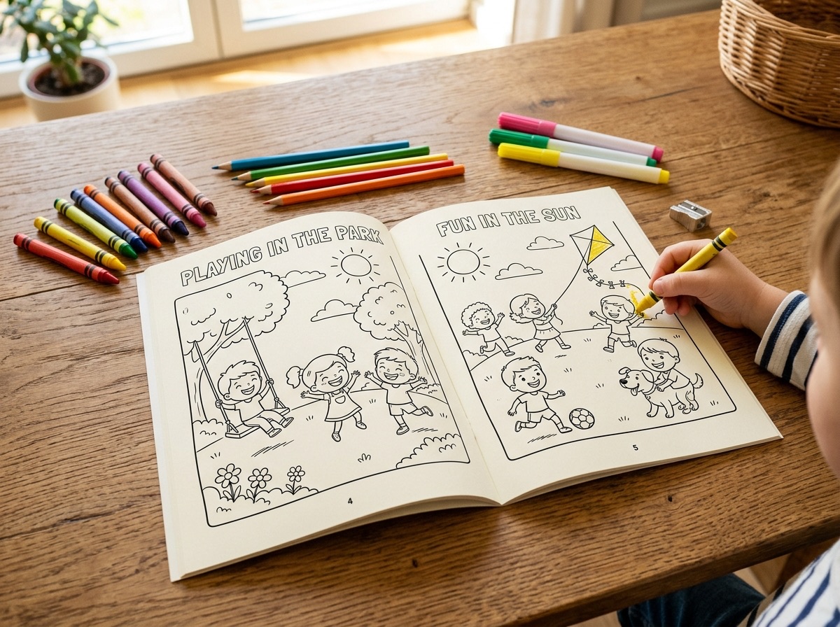 Livro de colorir impresso sobre a mesa com lápis de cor
